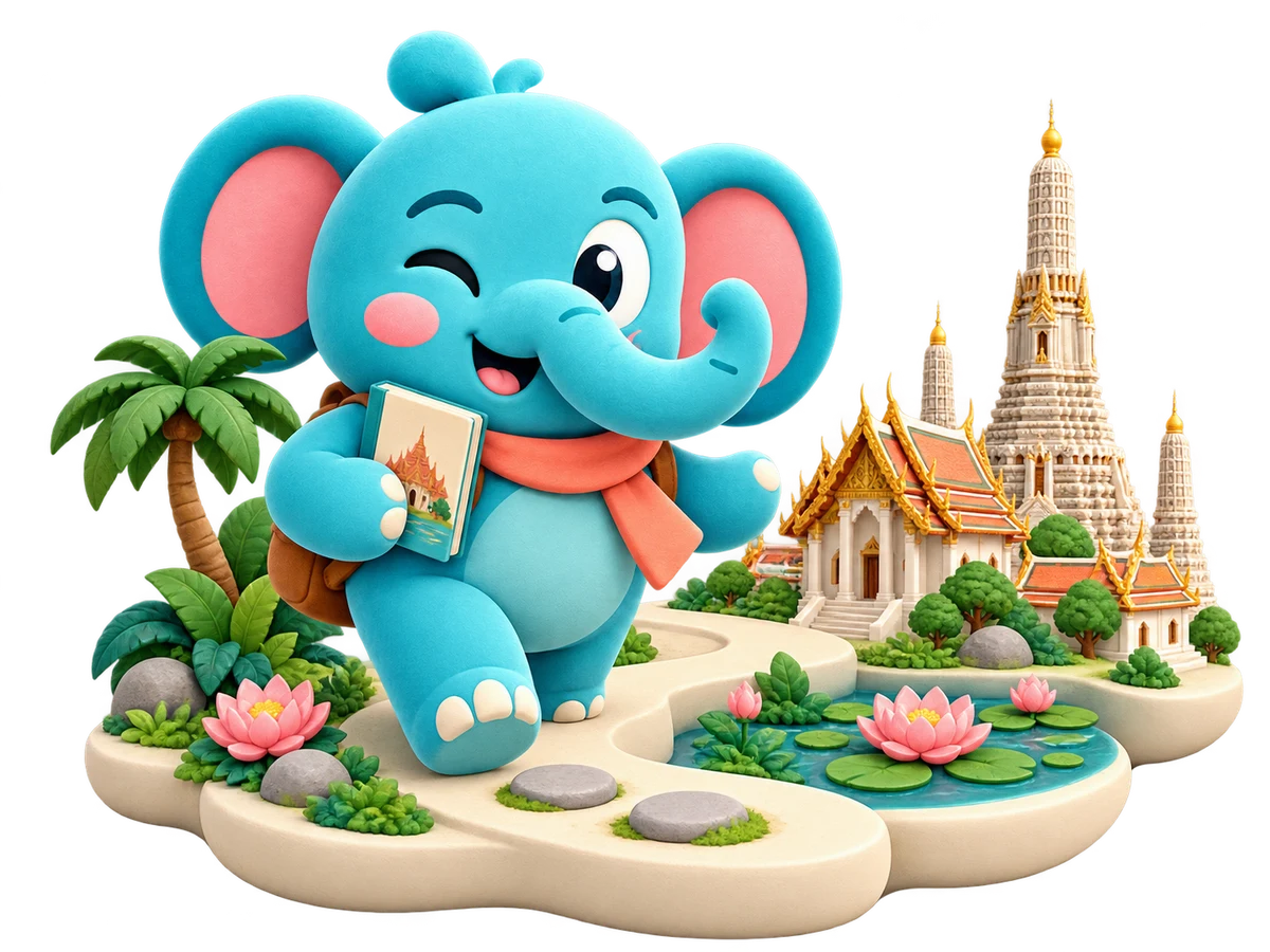 Chang explora um caminho com templo tailandês e lago de lótus